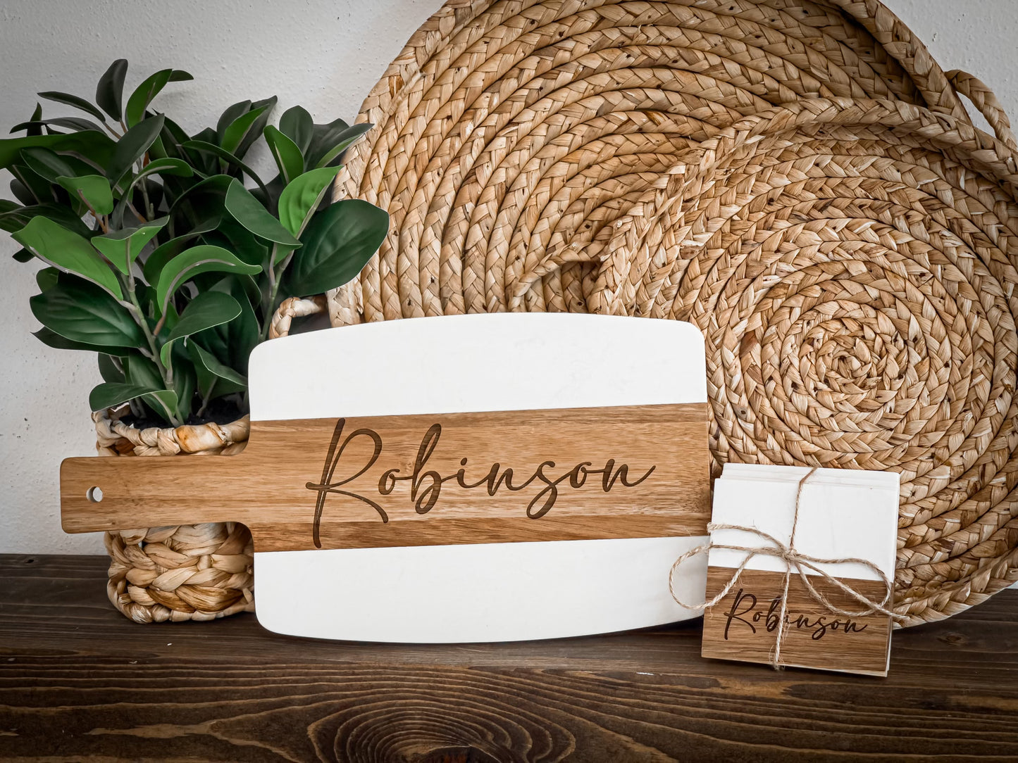 Last Name Cutting Acacia & Marble Board & Coaster Set